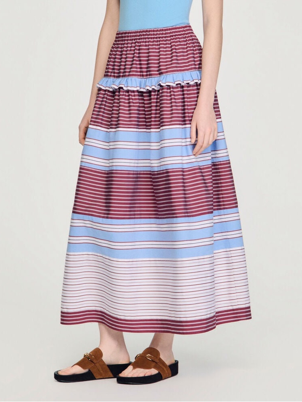 Sandro - Striped Ruffle Tier Maxi Skirt - Blue & Burgundy